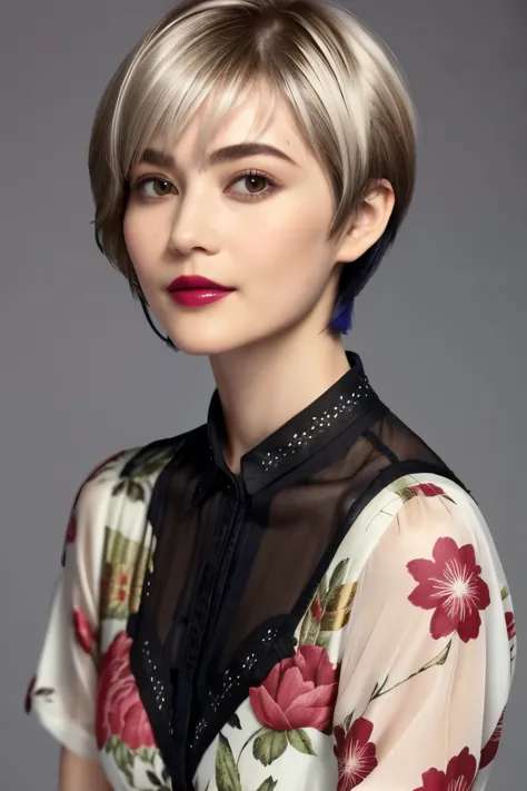 228 (20-year-old woman,Floral clothes),  ((Beautiful Hairstyles 46)), ((short hair:1.46)),  (lipstick)