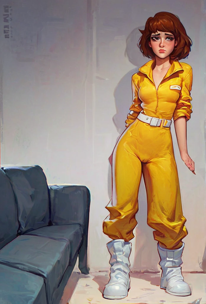 score_9, score_8_up, score_7_up,  absurdres, april o'neil, 1girl, solo, short brown hair, black eyes, full body, yellow jumpsuit, sleeves rolled up, white belt, high white boots, tight clothes, standing , by sofa, in her room, sad, shy, cameltoe, 