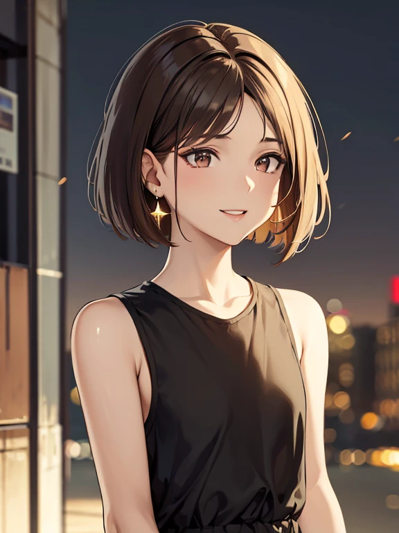 masterpiece, highest quality, High resolution,alone,Brown Hair, Very small earrings,artistic,Best lighting,casual,Flat Chest,Beautiful Face,expensive,smile,light makeup,nature,23 years old,Calm woman,Hair blowing in the wind,Blurred Background,Face Focus,Detailed Hair,Laughing woman,Bob Cut Hair,night,outside,office Street,Woman posing,Woman in sleeveless,hip hop,R&B