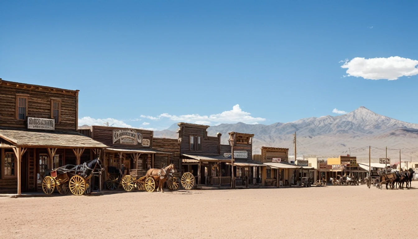 The image depicts a Western-style town set in a desert environment. The town is constructed with wooden buildings, featuring storefronts with signs that suggest a variety of businesses, such as a general store, saloon, and possibly a hotel or restaurant. The architecture is reminiscent of the American Old West, with wooden facades and a rustic appearance.

In the foreground, there are a couple of horse-drawn carriages, which further emphasize the historical setting. The ground is covered with a layer of dirt, and the sky is clear with a few clouds, suggesting a sunny day.

In the background, there are majestic mountains that rise against the horizon, adding a sense of scale and isolation to the scene. The mountains appear to be rocky and rugged, typical of desert landscapes. The overall setting is evocative of the American Southwest, possibly a location that has been used for filming Western movies or as a tourist attraction.