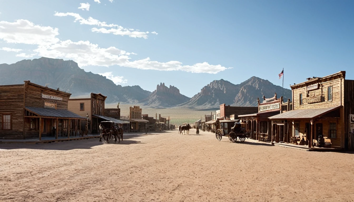 The image depicts a Western-style town set in a desert environment. The town is constructed with wooden buildings, featuring storefronts with signs that suggest a variety of businesses, such as a general store, saloon, and possibly a hotel or restaurant. The architecture is reminiscent of the American Old West, with wooden facades and a rustic appearance.

In the foreground, there are a couple of horse-drawn carriages, which further emphasize the historical setting. The ground is covered with a layer of dirt, and the sky is clear with a few clouds, suggesting a sunny day.

In the background, there are majestic mountains that rise against the horizon, adding a sense of scale and isolation to the scene. The mountains appear to be rocky and rugged, typical of desert landscapes. The overall setting is evocative of the American Southwest, possibly a location that has been used for filming Western movies or as a tourist attraction.