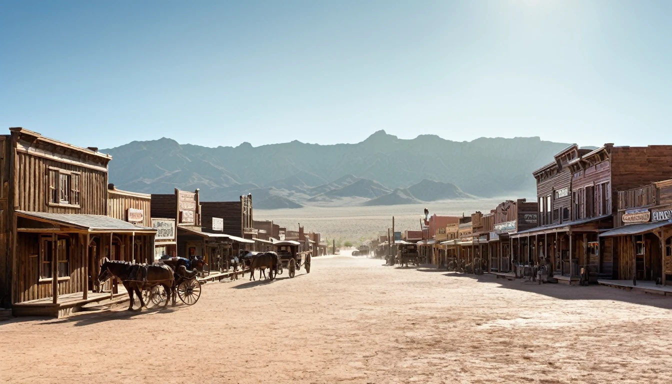 The image depicts a Western-style town set in a desert environment. The town is constructed with wooden buildings, featuring storefronts with signs that suggest a variety of businesses, such as a general store, saloon, and possibly a hotel or restaurant. The architecture is reminiscent of the American Old West, with wooden facades and a rustic appearance.

In the foreground, there are a couple of horse-drawn carriages, which further emphasize the historical setting. The ground is covered with a layer of dirt, and the sky is clear with a few clouds, suggesting a sunny day.

In the background, there are majestic mountains that rise against the horizon, adding a sense of scale and isolation to the scene. The mountains appear to be rocky and rugged, typical of desert landscapes. The overall setting is evocative of the American Southwest, possibly a location that has been used for filming Western movies or as a tourist attraction.