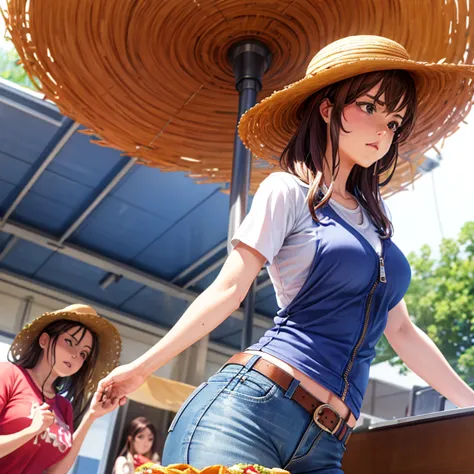 A woman in full-zip shorts eats a tlayuda at a taco stand　Jeans have a belt　　　With side slits　Big Ass　　Upper body naked　Brown Ha...