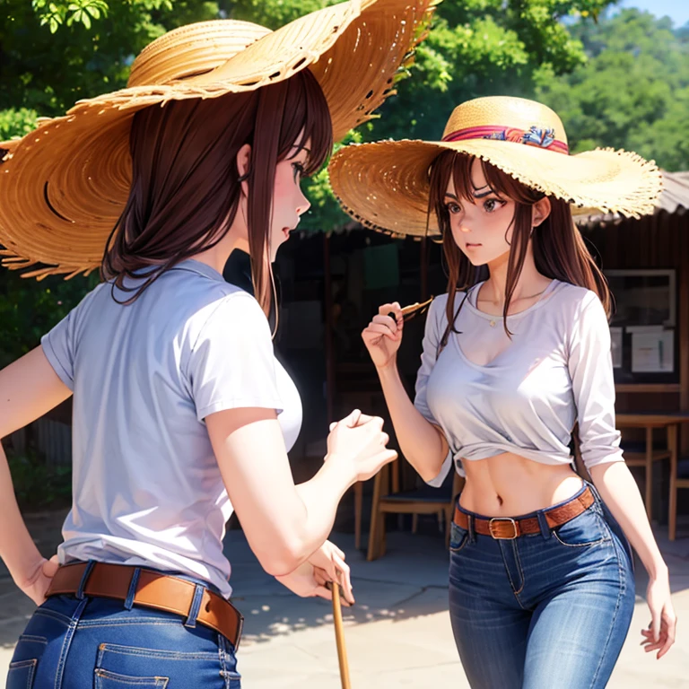A woman in full-zip shorts eats a tlayuda at a taco stand　Jeans have a belt　　　With side slits　Big Ass　　Upper body naked　Brown Hair　Straw hat