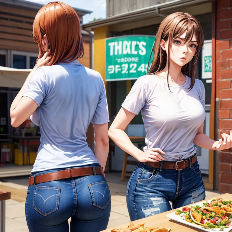 Une femme en short entièrement zippé mange une tlayuda dans un stand de tacos　Les jeans ont une ceinture　　　Avec fentes latérales　gros cul　　Haut du corps nu　cheveux bruns　