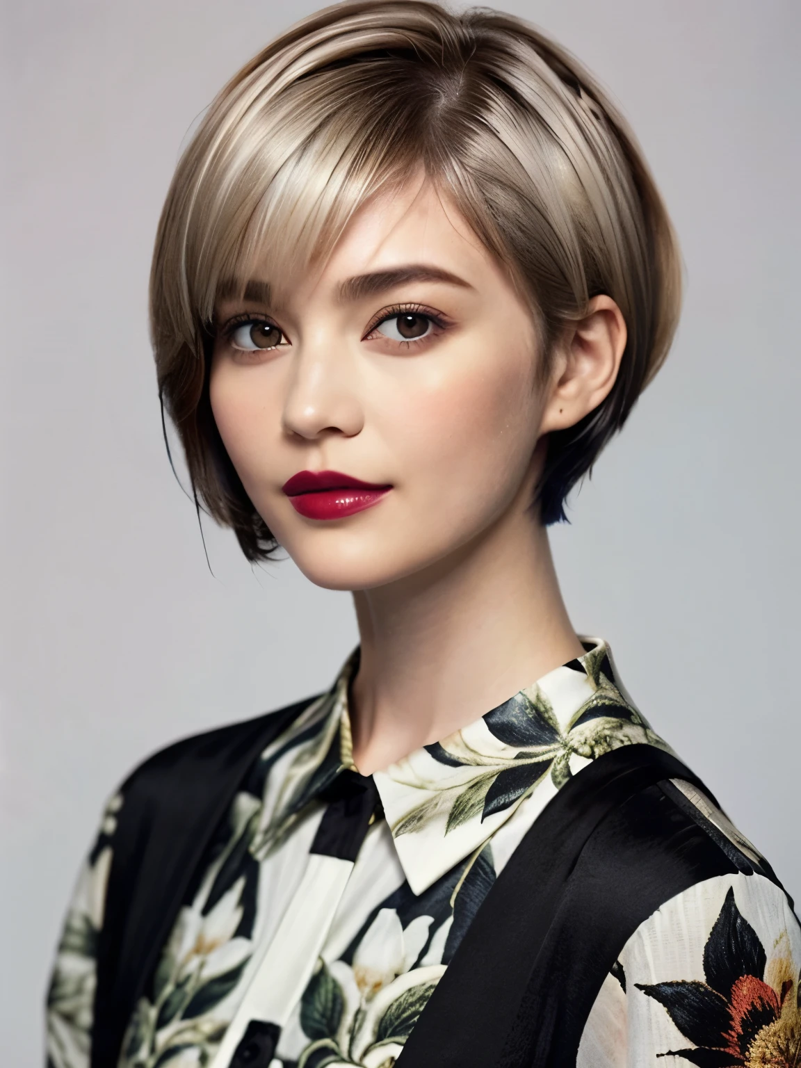 228 (20-year-old woman,Floral clothes),  ((Beautiful Hairstyles 46)), ((short hair:1.46)),  (lipstick)
