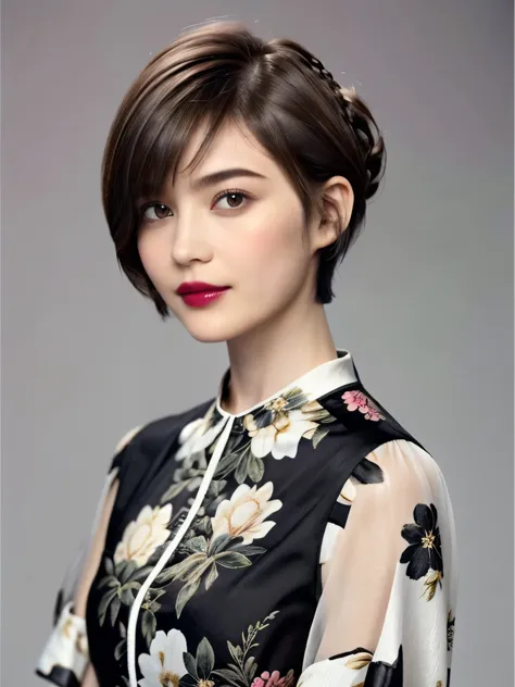 228 (20-year-old woman,floral clothes),  ((beautiful hairstyles 46)), ((short hair:1.46)),  (lipstick)