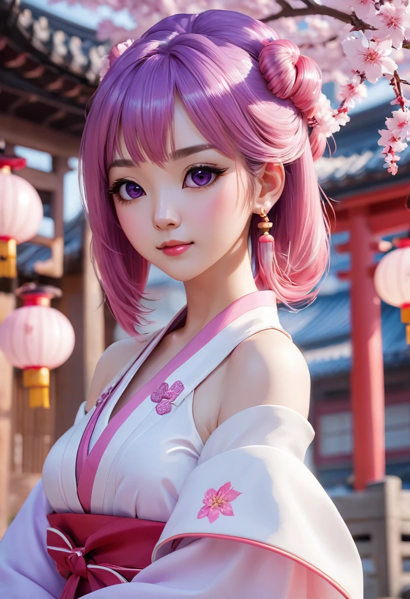 loraggl15, 1 girl, (ulzzang-6500:0.7), Kpop-idea, yae miko, detached sleeves, bare shoulders, pink hair, long hair, japanese clothes, best quality, (painting:1.5), (hair decoration:1. 35), jewellery, purple eyes, earrings, breasts, torii, cherry blossoms, lantern light, depth of field, detailed face, face focus, bow_trim, (viewer view:1.25), non-traditional miko, shiny skin, long sleeves, smile, thick lips, play CG, hands on lips, East Asian architecture, (blurred background:1.2), sitting, upper body,loraggl15,