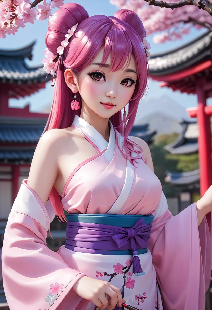 loraggl15, 1 girl, (ulzzang-6500:0.7), Kpop-idea, yae miko, detached sleeves, bare shoulders, pink hair, long hair, japanese clothes, best quality, (painting:1.5), (hair decoration:1. 35), jewellery, purple eyes, earrings, breasts, torii, cherry blossoms, lantern light, depth of field, detailed face, face focus, bow_trim, (viewer view:1.25), non-traditional miko, shiny skin, long sleeves, smile, thick lips, play CG, hands on lips, East Asian architecture, (blurred background:1.2), sitting, upper body,loraggl15,