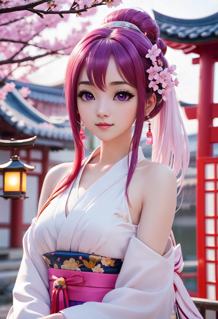 loraggl15, 1 girl, (ulzzang-6500:0.7), Kpop-idea, yae miko, detached sleeves, bare shoulders, pink hair, long hair, japanese clothes, best quality, (painting:1.5), (hair decoration:1. 35), jewellery, purple eyes, earrings, breasts, torii, cherry blossoms, lantern light, depth of field, detailed face, face focus, bow_trim, (viewer view:1.25), non-traditional miko, shiny skin, long sleeves, smile, thick lips, play CG, hands on lips, East Asian architecture, (blurred background:1.2), sitting, upper body,loraggl15,