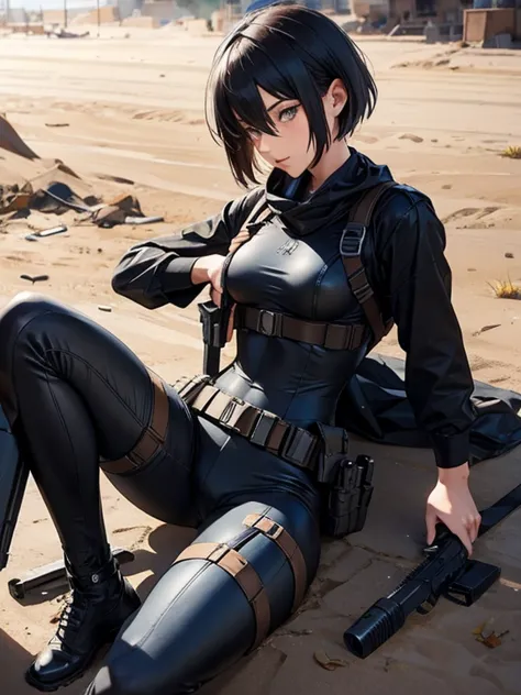 black bodysuit　soldier　female　skinny　short hair　gun holster　goggles　battlefield bandana sniper lying down