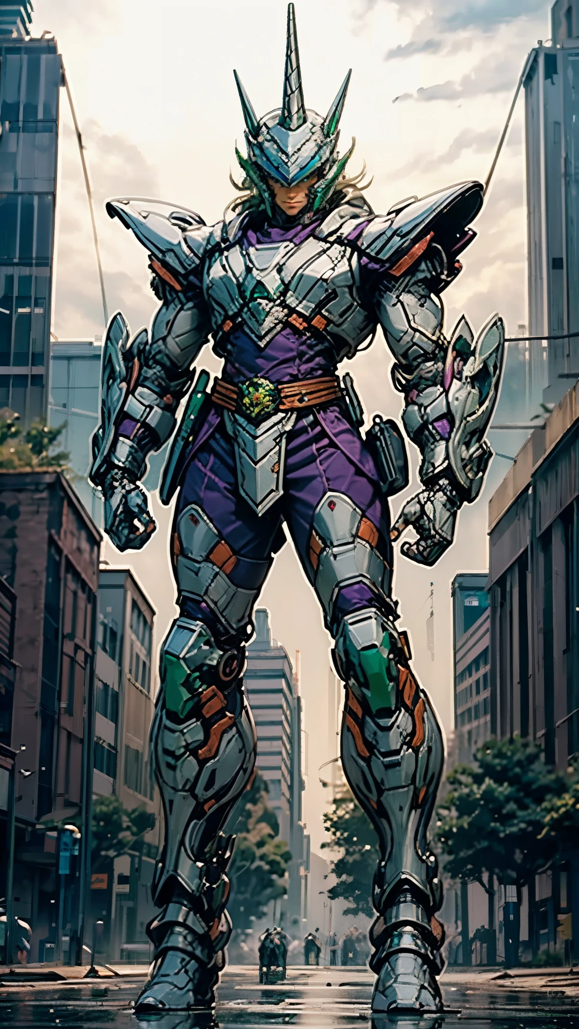 A man wearing a full-face helmet, a fantasy-style biotech armored combat suit, green eyes, (a composite layered chest armor), fully enclosed shoulder guards, matching arm and leg guards, the belt is adorned with Horseshoe-shaped marker, (the color scheme is primarily white with green accents), the design balances heavy with agility, a high-tech bio-mecha armor, (Armor Concept Inspired by Unicorn, stand on the top of a skyscraper in a futuristic sci-fi city), this character embodies a finely crafted fantasy-surreal style armored hero in anime style, exquisite and mature manga art style, (battle damage, element, plasma, energy, the armor glows), ((male:1.5)), metallic, real texture material, dramatic, high definition, best quality, highres, ultra-detailed, ultra-fine painting, extremely delicate, professional, perfect body proportions, golden ratio, anatomically correct, symmetrical face, extremely detailed eyes and face, high quality eyes, creativity, RAW photo, UHD, 32k, Natural light, cinematic lighting, masterpiece-anatomy-perfect, masterpiece:1.5