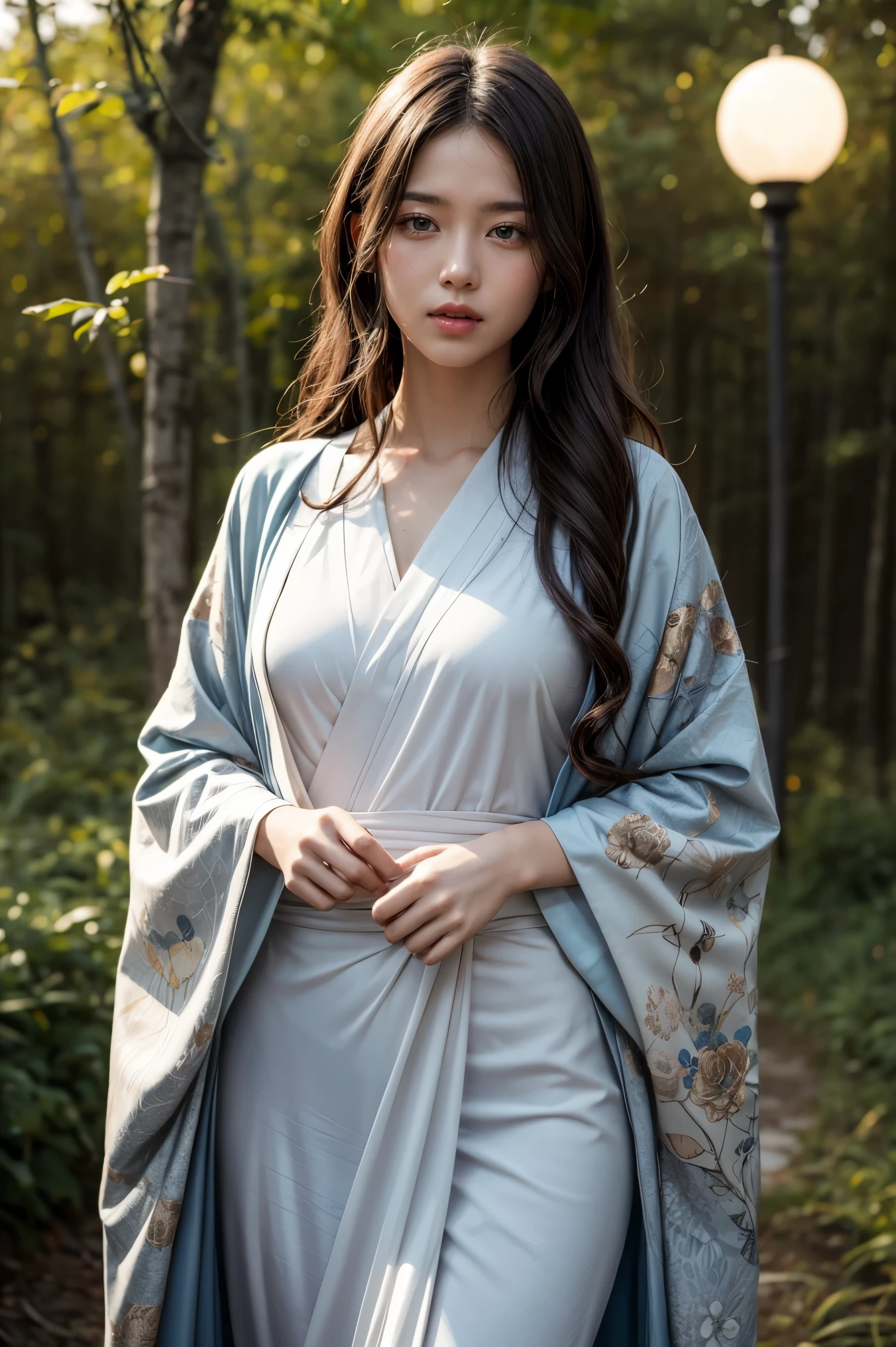 A seductive and mysterious girl with long dark hair, dressed in traditional Japanese clothing, standing in a moonlit forest. The illustration is inspired by the character Ragawa Kiriko from the manga series "Akatsuki no Yona". The artwork is highly detailed and realistic, with intricate patterns on her kimono and soft lighting. Created by artist WLOP using digital painting techniques. (Concept art, 4k resolution)