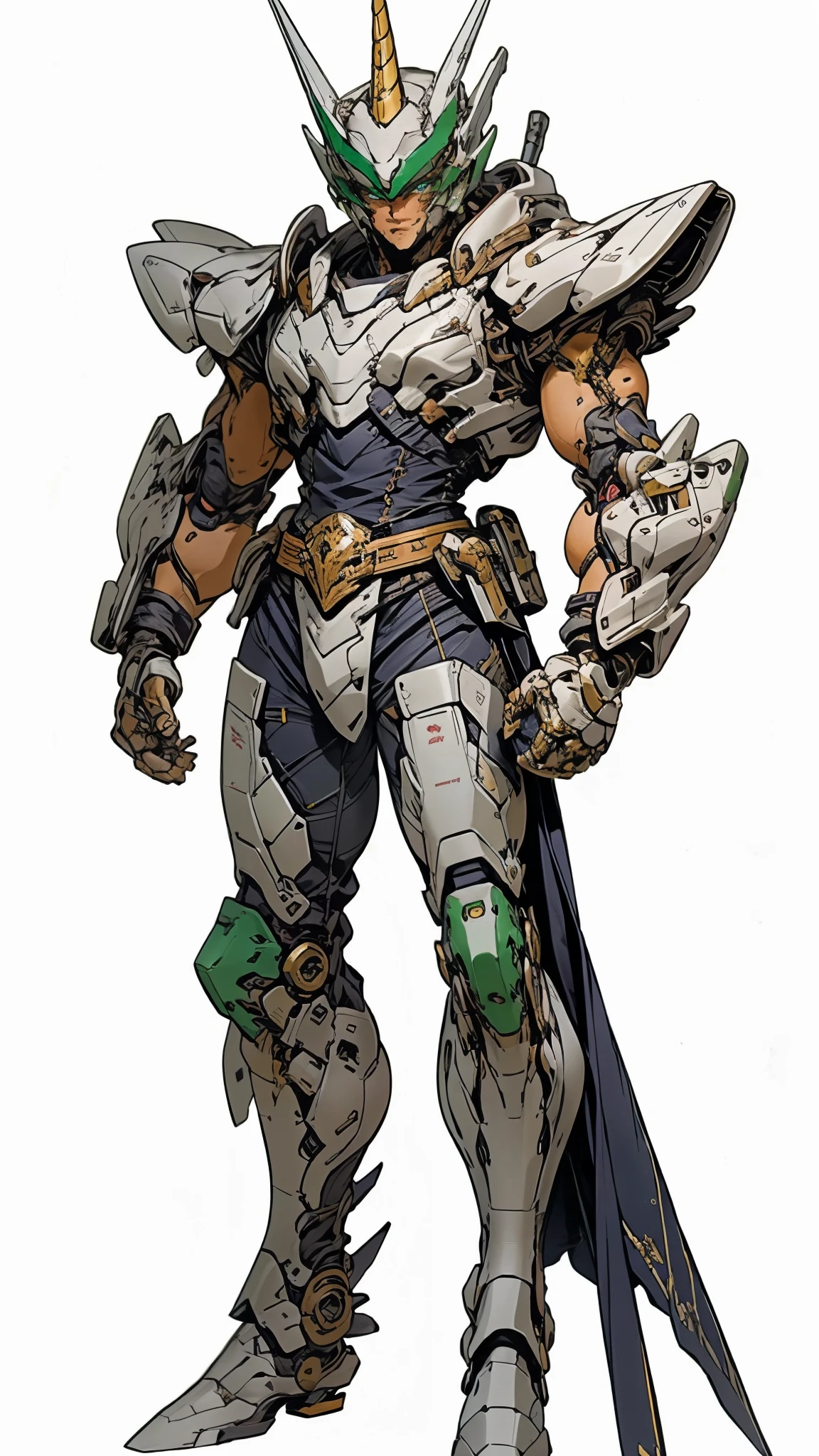 A man wearing a full-face helmet, a fantasy-style biotech armored combat suit, green eyes, (a composite layered chest armor), fully enclosed shoulder guards, matching arm and leg guards, the belt is adorned with Horseshoe-shaped marker, (the color scheme is primarily white with green accents), the design balances heavy with agility, a high-tech bio-mecha armor, (Armor Concept Inspired by Unicorn, stand on the top of a skyscraper in a futuristic sci-fi city), this character embodies a finely crafted fantasy-surreal style armored hero in anime style, exquisite and mature manga art style, (battle damage, element, plasma, energy, the armor glows), ((male:1.5)), metallic, real texture material, dramatic, high definition, best quality, highres, ultra-detailed, ultra-fine painting, extremely delicate, professional, perfect body proportions, golden ratio, anatomically correct, symmetrical face, extremely detailed eyes and face, high quality eyes, creativity, RAW photo, UHD, 32k, Natural light, cinematic lighting, masterpiece-anatomy-perfect, masterpiece:1.5