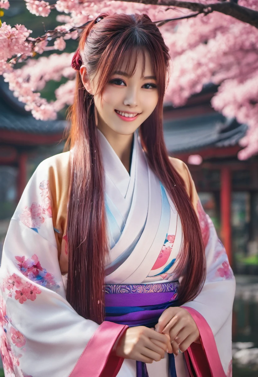 loraggl15, 1 girl, (ulzzang-6500:0.7), Kpop-idea, yae miko, detached sleeves, bare shoulders, pink hair, long hair, japanese clothes, best quality, (painting:1.5), (hair decoration:1. 35), jewellery, purple eyes, earrings, breasts, torii, cherry blossoms, lantern light, depth of field, detailed face, face focus, bow_trim, (viewer view:1.25), non-traditional miko, shiny skin, long sleeves, smile, thick lips, play CG, hands on lips, East Asian architecture, (blurred background:1.2), sitting, upper body,loraggl15, Cybergirl