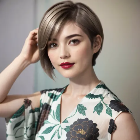 228 (20-year-old woman,floral clothes),  ((beautiful hairstyles 46)), ((short hair:1.46)),  (lipstick)