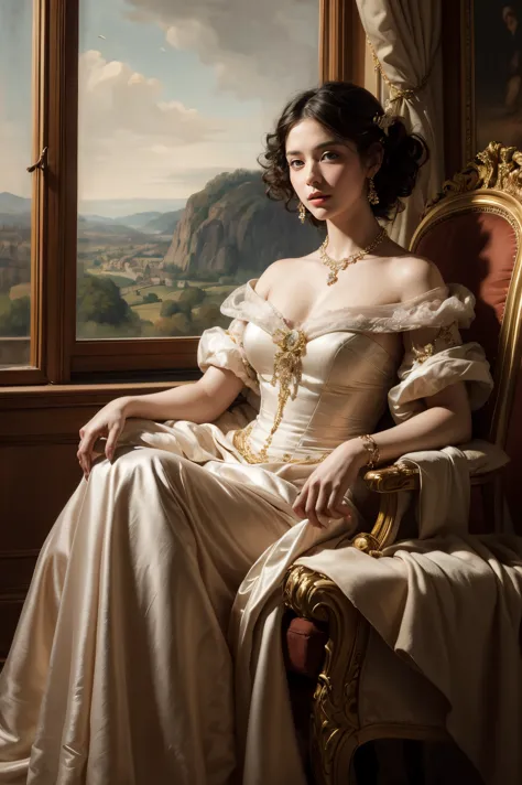 A realistic painting depicting a graceful woman in a luxurious dress, against the backdrop of a beautiful landscape. The art is ...