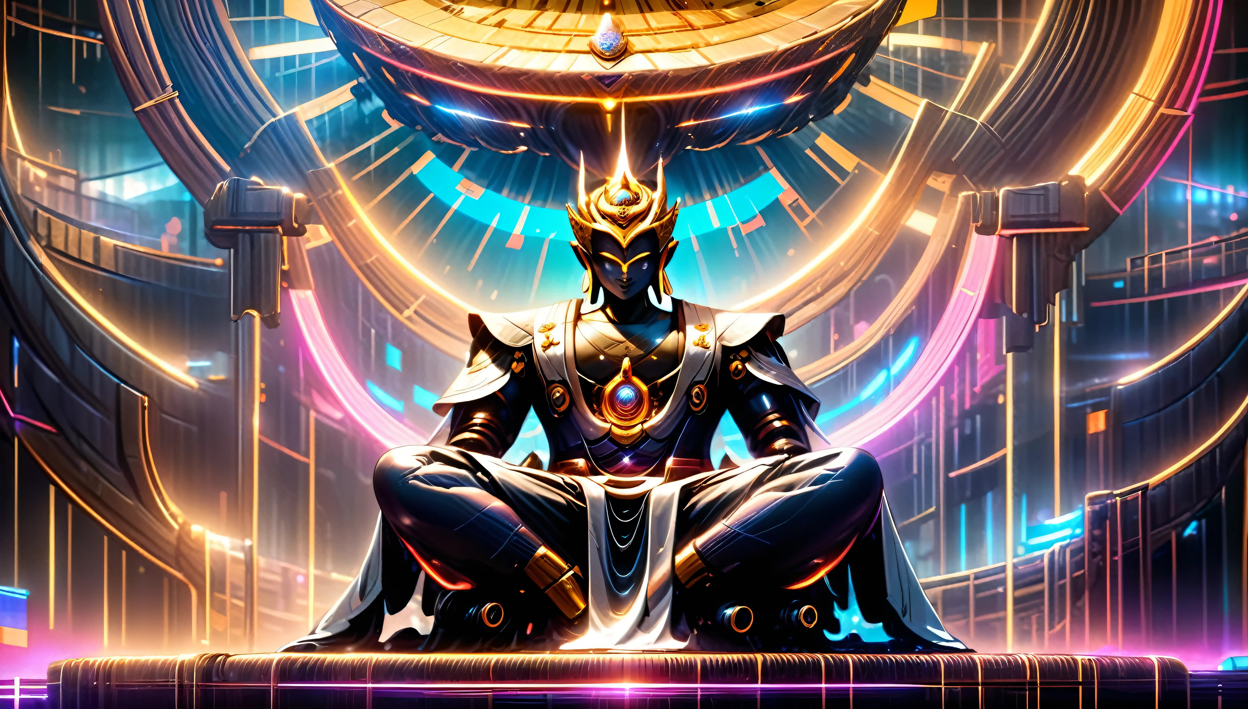 (best quality,highres,ultra-detailed,realistic:1.37),immersive view of the Sacred Mountain with the Enlightened One, Buddha, in the center, surrounded by vibrant neon lights and a cyberpunk atmosphere. The Buddha statue is made of a liquid metal material, reflecting the surrounding lights in a mesmerizing way. The details of the statue are meticulously crafted, showcasing the serene face, intricate hand gestures, and a glowing halo behind. The scene is bathed in a soft, ethereal light, creating a peaceful yet futuristic ambiance.