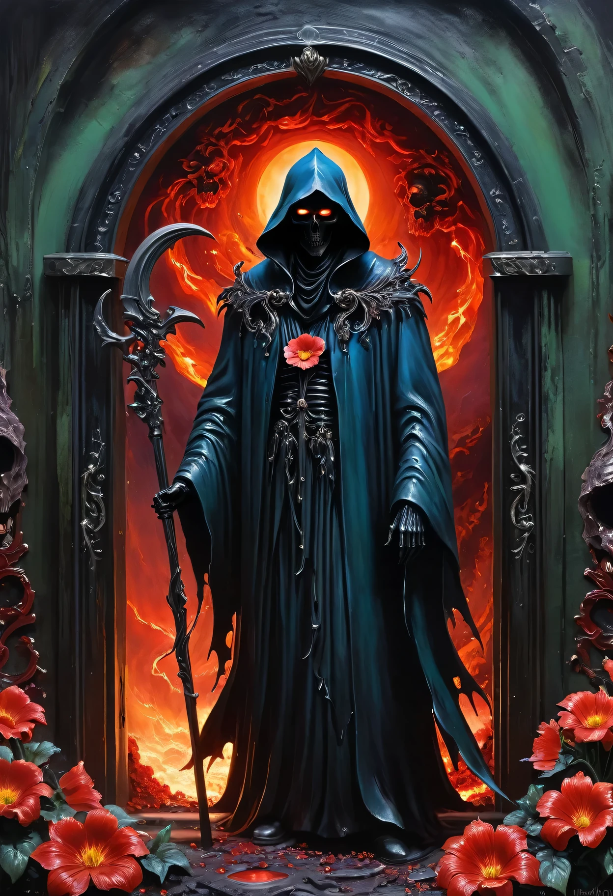 A painting of a Black Grim Reaper standing in front of，Door of hell，Blooming bloody ghost flower，soul，Charm，frivolous，mystery，Heavy Metal Style，Metal Art，The flowers made of iron have a metallic luster，Metal texture in the post-industrial era，Crystal Pendant，Jadeite Inlay，Carefully crafted，Perfect craftsmanship，Blue magic lightning background，Dark fantasy art，Dark fantasy concept art，Bloodborne concept art，Dark Concept Art，Dark Digital Concept Art，Dark fantasy art style，CG Society，Red Blood Art，Realistic Dark Concept Art，Concept Movies，Art in dark fantasy style，Fantasy illustration