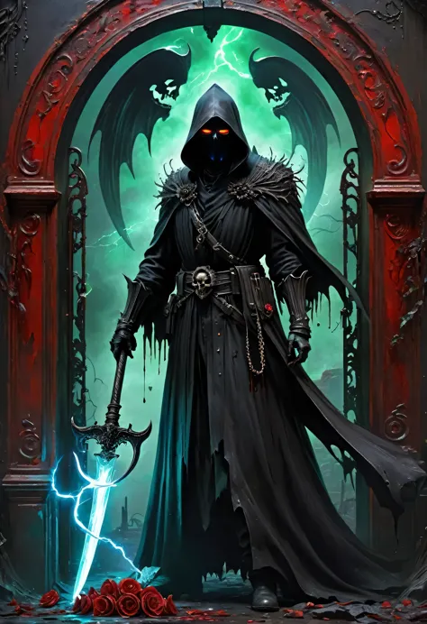 A painting of a Black Grim Reaper standing in front of，Reaper Scythe，Door of hell，Blooming bloody ghost flower，soul，Charm，frivol...