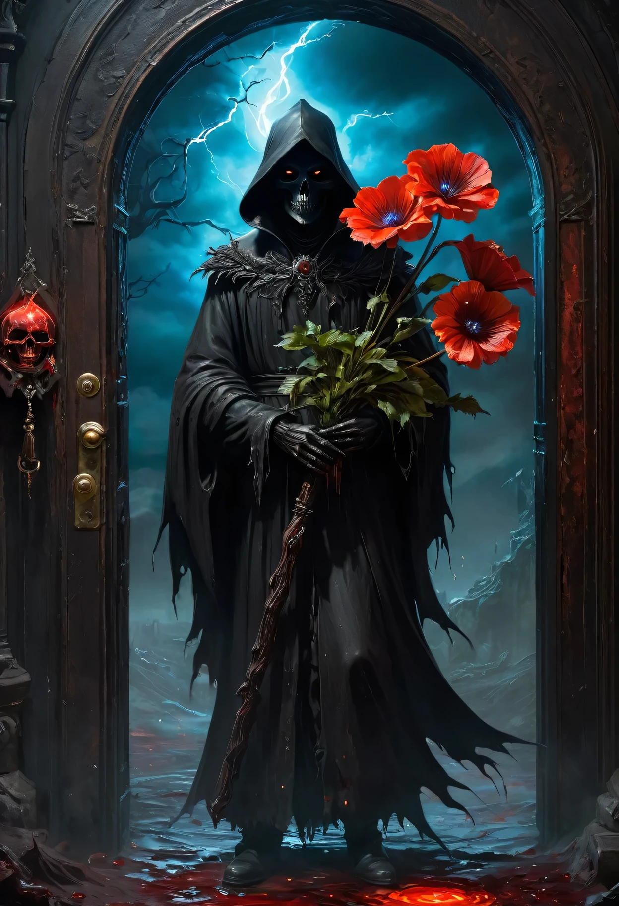 A painting of a Black Grim Reaper standing in front of，Door of hell，Blooming bloody ghost flower，soul，Charm，frivolous，mystery，Heavy Metal Style，Metal Art，The flowers made of iron have a metallic luster，Metal texture in the post-industrial era，Crystal Pendant，Jadeite Inlay，Carefully crafted，Perfect craftsmanship，Blue lightning ，Dark fantasy art，Dark fantasy concept art，Bloodborne concept art，Dark Concept Art，Dark Digital Concept Art，Dark fantasy art style，CG Society，Red Blood Art，Realistic Dark Concept Art，Concept Movies，Art in dark fantasy style，Fantasy illustration