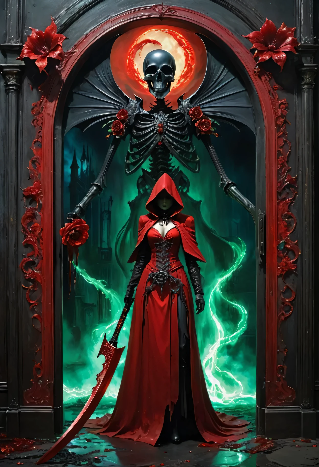 A painting of a beautiful red-robed female death standing in front of，Holding the Reaper Scythe，Door of hell，Blooming bloody ghost flower，soul，Charm，frivolouystery，Heavy Metal Style，Metal Art，The flowers made of iron have a metallic luster，Metal texture in the post-industrial era，Crystal Pendant，Jadeite Inlay，Carefully crafted，Perfect craftsmanship，Blue magic lightning background，Dark fantasy art，Dark fantasy concept art，Bloodborne concept art，Dark Concept Art，Dark Digital Concept Art，Dark fantasy art style，CG Society，Red Blood Art，Realistic Dark Concept Art，Concept Movies，Art in dark fantasy style，Fantasy illustration