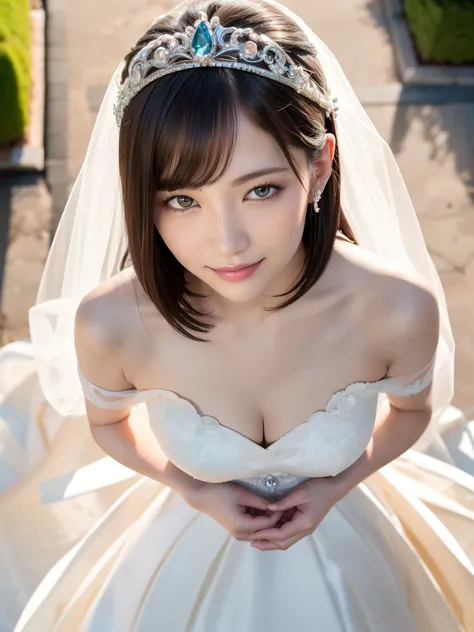 (Best quality: 1.5), (Realistic: 1.5), (One person: 1.5), (Shot from above: 1.5), Highly detailed, High resolution, 8k, Medium chest, Natural colored lips, Cute smile , Japanese woman, 20-year-old girl, beautiful and elegant features, perfect and beautiful...