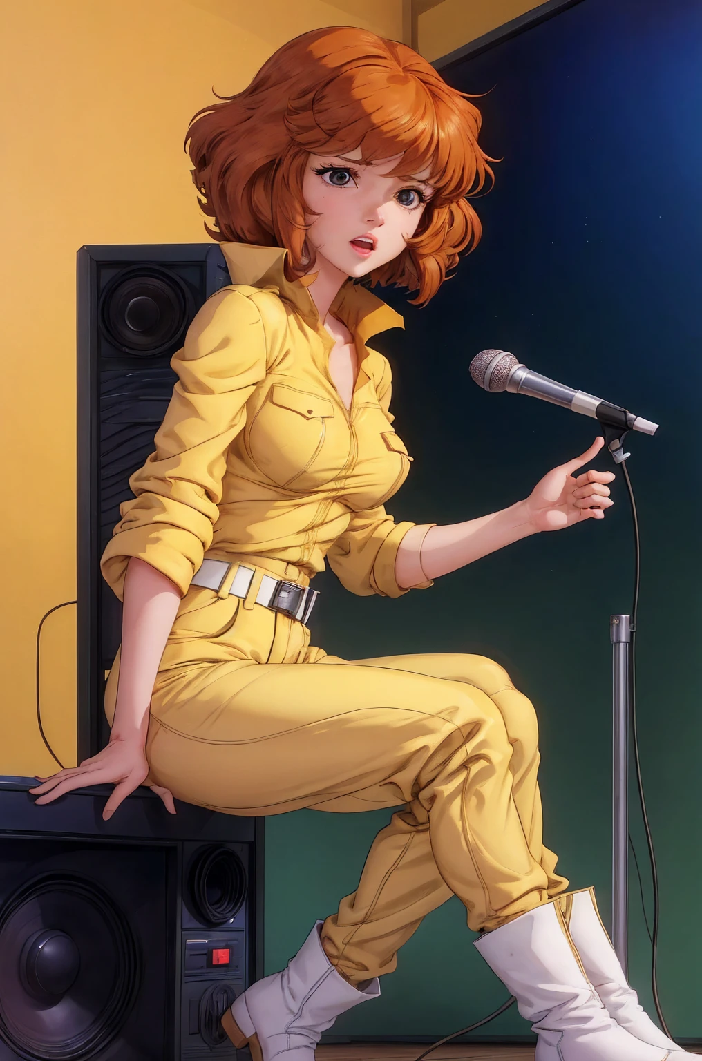 absurdres, april o'neil, 1girl, solo, 1 person in picture, short brown hair, black eyes, full body, yellow jumpsuit, sleeves rolled up, white belt, high white boots, tight clothes, in tv new studio, sad, shy, cameltoe, nipples, upper body, speaking in microphone, sitting to front camera, 