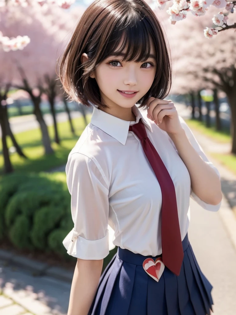 Close-up of a woman posing for a photo, The most beautiful Japanese models, 17 year old female model, 4k、bangs、(((smile))), (Short Bob Hair), 非対称なbangs, Straight hair、(White shirt, Red tie , Dark blue pleated skirt:1.2),　(Idol-like and super cute face:1.4), whole body, Slim and beautiful figure, sexy, Beautiful breasts, Laughter, The background is a row of cherry blossom trees, (Raw photo, highest quality, masterpiece, Ultra-detailed, Ultra-high resolution, Realistic),