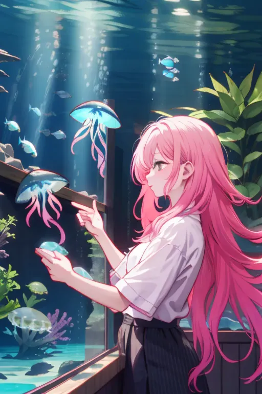 jellyfish、光るjellyfish、aquarium、tropical fish、colorfulな魚、girl、in the water、spreading hair、aquarium、light pink transparent hair co...