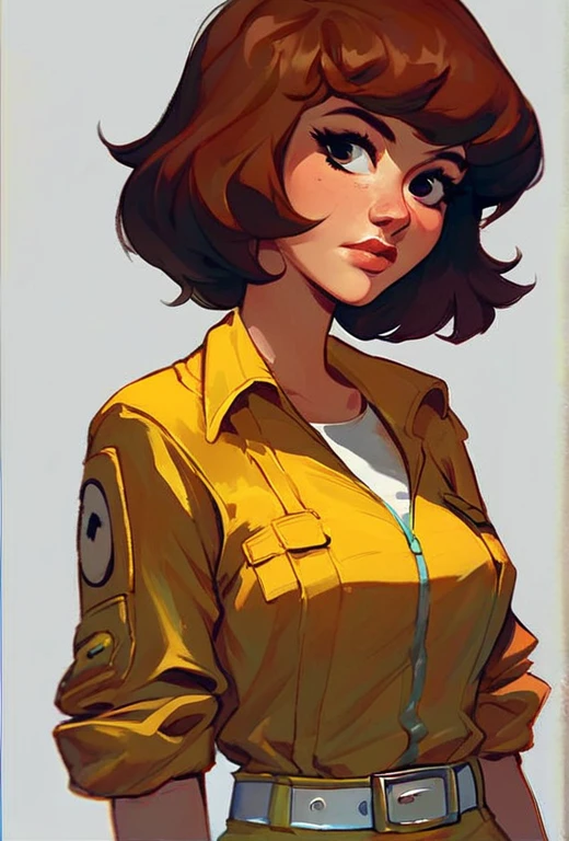 Score_9, Score_8_up, Score_7_up, Score_6_up, april o'neil, 1girl, solo, 1 person in picture, short brown hair, black eyes, upper body, yellow jumpsuit, sleeves rolled up, white belt, tight clothes,  80s style, toon \(style\)