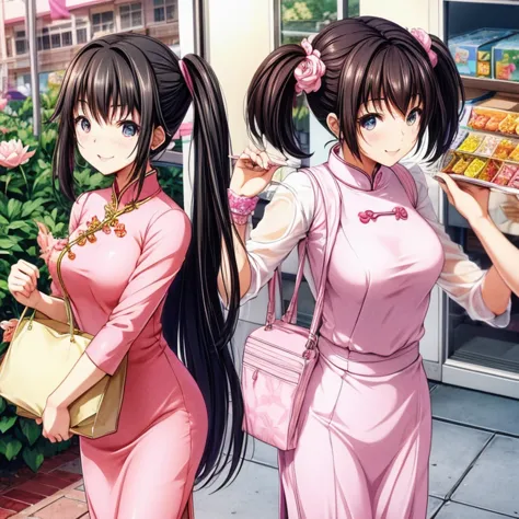 A high school girl wearing an ao dai buying sweets　Tight Ao Dai　highest quality　Pink lotus pattern ao dai