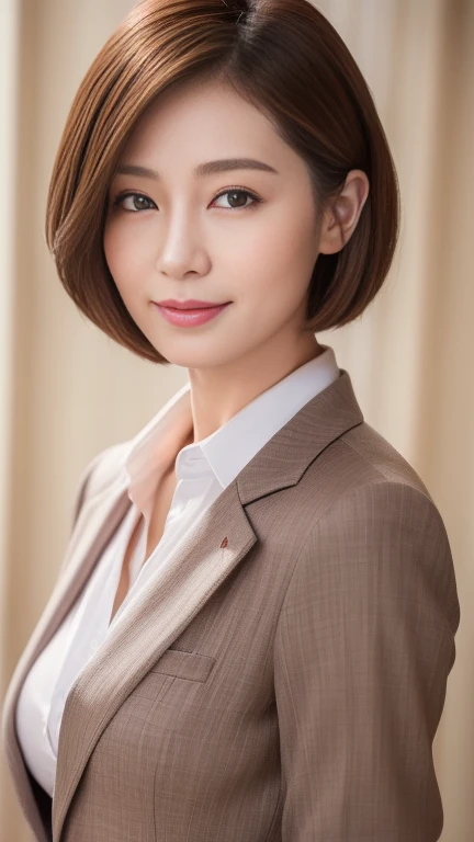 masterpiece,highest quality, (1 mature woman), ((Portraiture:1.5)), compensate, Elegant grey suit, White shirt, Touch your chest, ((Temptation performance)),In the company office、((Light brown short bob))、A gentle smile、A gaze that seduces viewers、