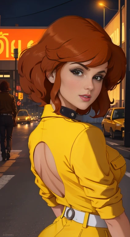 unreal engine:1.4,UHD,The best quality:1.4, photorealistic:1.4, skin texture:1.4, masterpiece:1.8,posing from behind Abril O'Neil waifu, 1980s \(style\), 1 woman, brown hair, Red hair,short hair,orange hair,serious expression, worried expression, Retro art style, short hair, only, female television reporter, yellow jersey suit, white belt,jersey suit on yellow hips, (naked_old: 1.2), half_old, neckline, hyperrealistic eyes, beautiful eyes,detailed eyes, realistic face, beautiful woman woman, realistic background,urban street, Cyberpunk street night lights, Amazing lights, amazing background, tv reporter