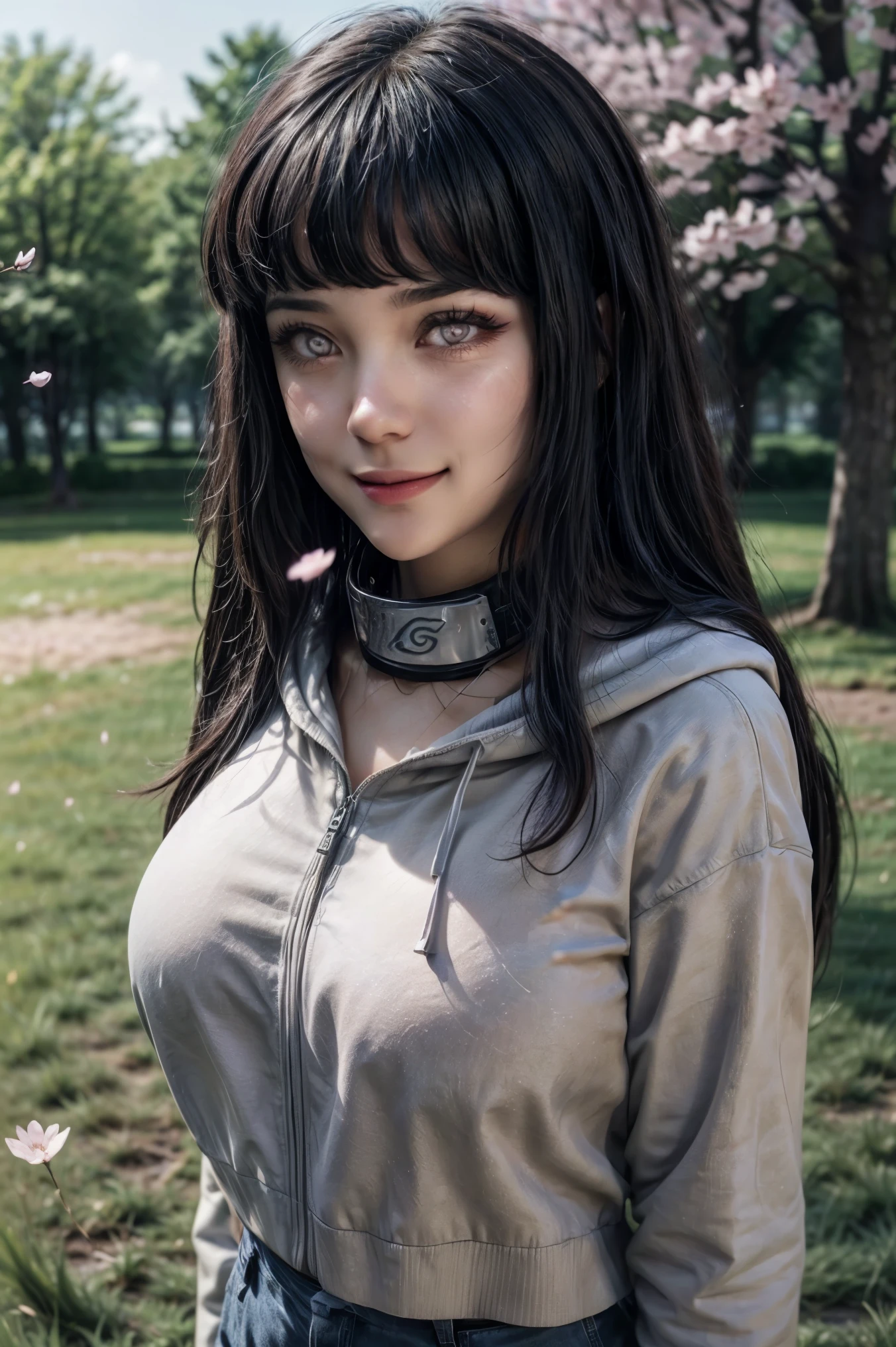 Х1Н4Т4, 1girl, Hyūga Hinata, solo, (Realistic:0.5), Masterpiece, solo, (Best Quality, Perfect detail, Beautifully detailed face, Detailed eyes), Brilliant brilliance, Ray Tracing, Depth of field, HDR, gradient eyes, Sharp eyelashes, ((Lashes)), mascara, Detail_s face, Lashes, Shiny hair, Flirting, Seduction Smile, parted lips, Average Breasts,, (Floating soft particles:1.1), ((looking a viewer)), (Playmate pose:1.1), (full - body:1.1), ((8k wallpaper)), ((hight resolution)), Long hair, black hair, white eyes, (pants:1.2), Hand on hip, hood, Bangs, full - body, Standing, blurry, looking a viewer, long sleeves, Smile, (grass field:1.4), (a tree:1.2), (cherry blossom:1.3), (blue skies:1.3), (Sun),