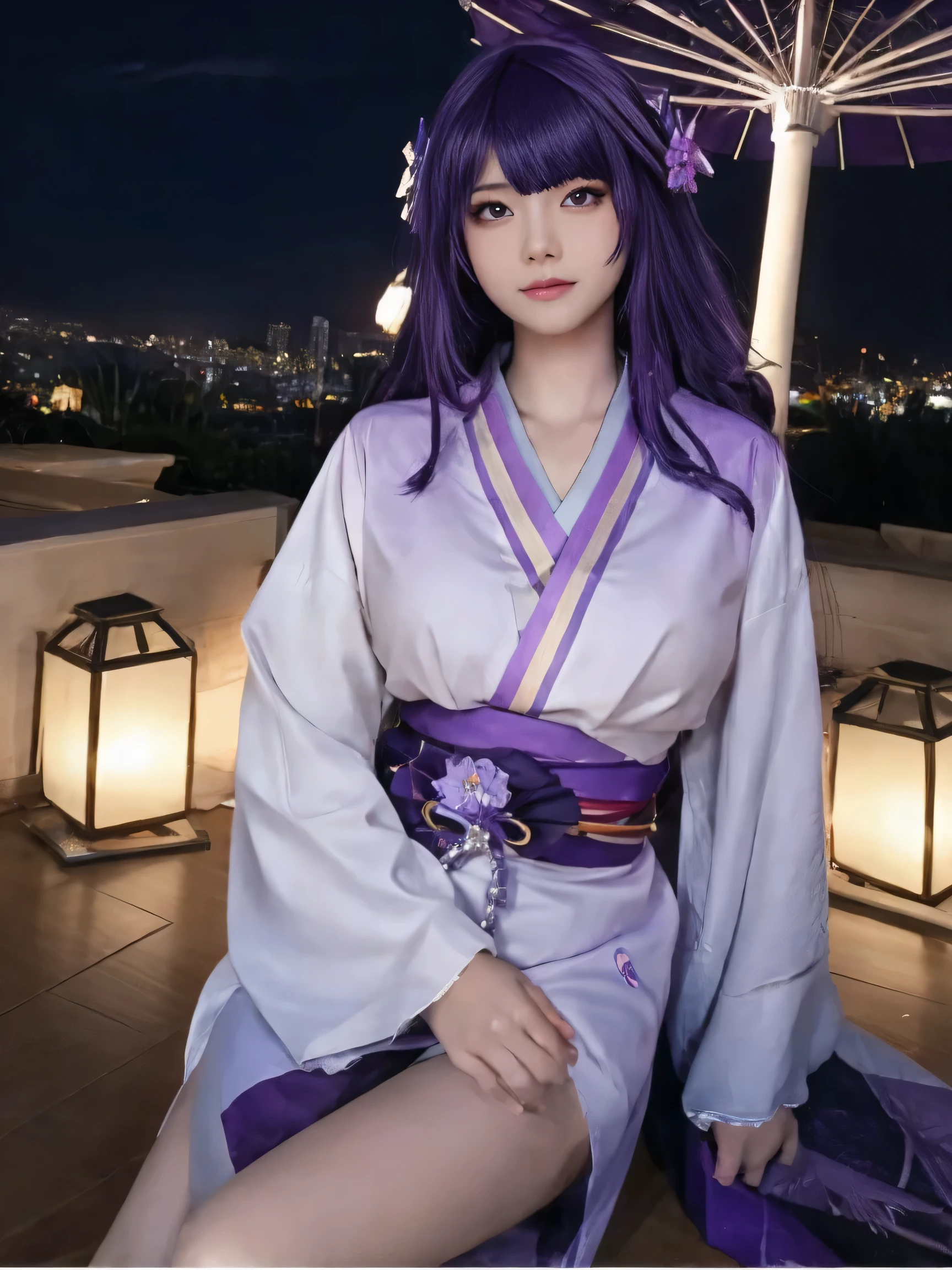 highest quality, masterpiece, high-detail, Reflects light realistically, 1 girl, Upper body, Shogun Raiden, (ulzzang-6500-v1.1:0.5), Big breasts, perfect face, Clear eyes, long-haired, purple hair, Hair Decoration, sky of lightning, night sky, Ancient building in the background, shallow depth of field, looking at the audience,