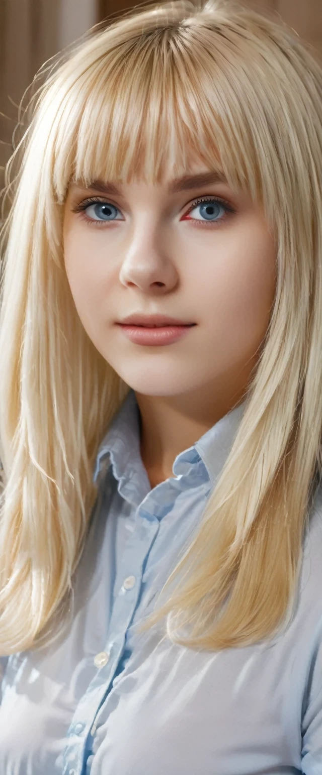 Unparalleled beauty, shiny shiny firm and shiny skin, bangs between eyes, shiny straight beautiful platinum blonde, super long straight silky hair, eyeliner, beautiful innocent 14 years old, high definition big big beautiful bright eyes, beautiful and lovely girl, baby face, short sleeve shirt.STOP.Safe_for_Work:2