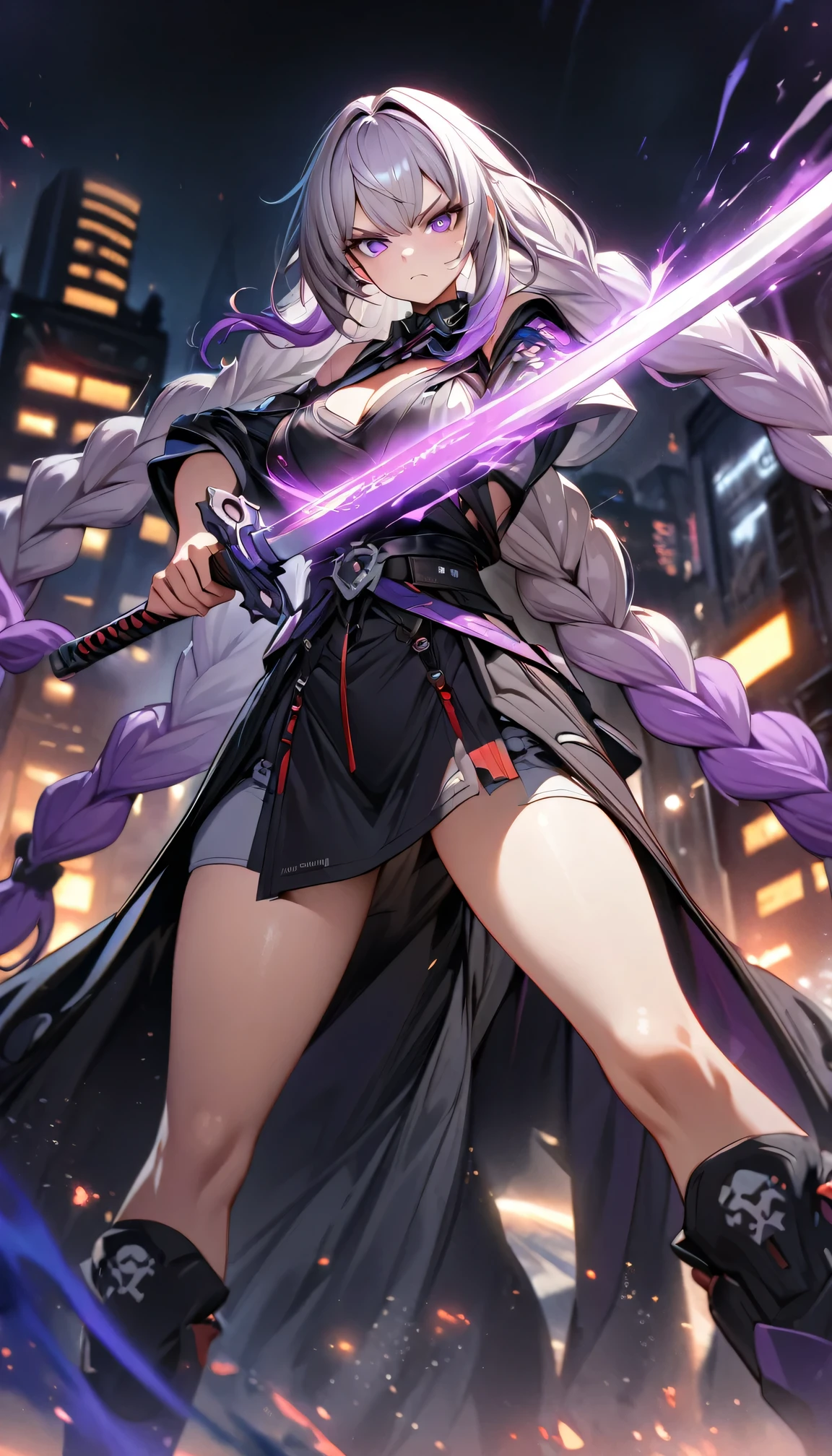 Night view, yinji , 1 Girl, purple hair,purple eyes,very long hair,grey hair,double braid,large breasts,gradient hair, Full body portrait of a man posing fiercely against a neon-lit city background, Holding a samurai sword glowing in the dark. Have a tattoo, Super detailed, ready to fight, Serious expression, Super detailed samurai sword ,cool, personality, brave,masterpiece, best quality, (Highly detailed CG Unity 8k wallpaper) (best quality), (Best Illustration),