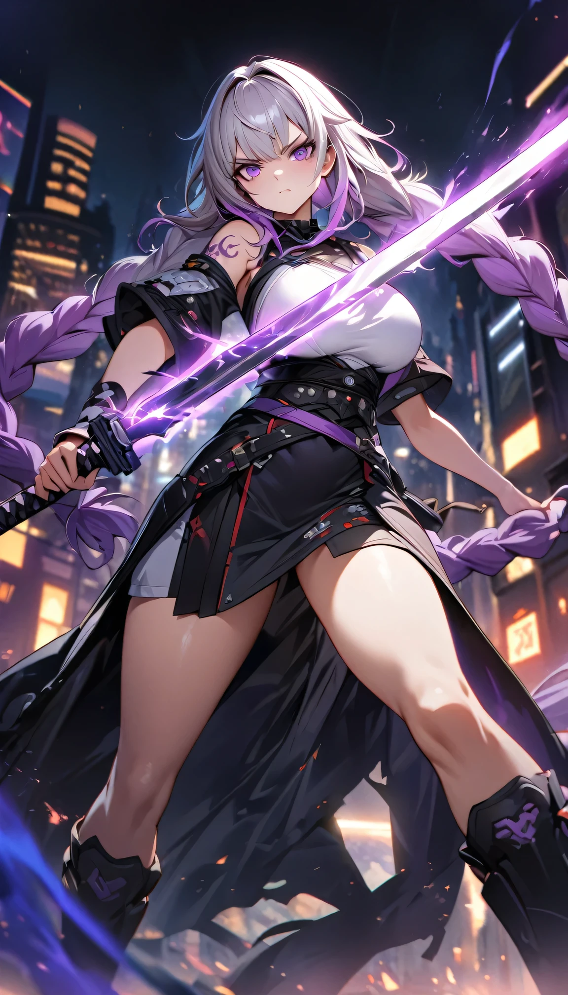 Night view, yinji , 1 Girl, purple hair,purple eyes,very long hair,grey hair,double braid,large breasts,gradient hair, Full body portrait of a man posing fiercely against a neon-lit city background, Holding a samurai sword glowing in the dark. Have a tattoo, Super detailed, ready to fight, Serious expression, Super detailed samurai sword ,cool, personality, brave,masterpiece, best quality, (Highly detailed CG Unity 8k wallpaper) (best quality), (Best Illustration),