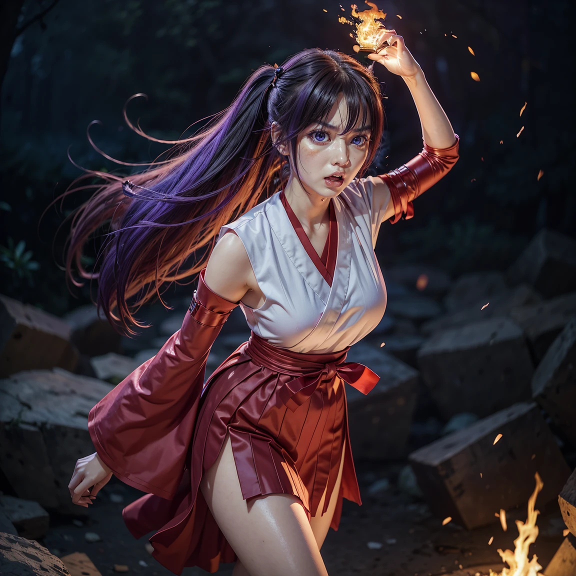 ultra-detailed, Explicit, Beautiful body, Beautiful Nose, Beautiful character design, perfect eyes, perfect face, ultra highres, 4K, beautiful legs, perfect legs, Nice hands, Perfect hand, Masterpiece, Best Quality, Highly detailed, illustration, absurdres, perfect anatomy, (angry face), glowing eyes, looking at viewer, mystic aura, female priestess, full body, goddess-like, mystic trance, perfect female body, (angry stare, japanese clothes, miko, detached sleeves, hakama, hakama skirt, red hakama, ribbon-trimmed sleeves, (serious stare), fire in her eyes (mystic fire in her eyes), horns, extending the right arm from the shoulder into the air with a straightened hand, 1girl, hair ornaments, purple hair, long hair, purple eyes with fire, (((pixel-perfect, detail-perfect))), solo, 1girl, Hanyuu, higurashi when they cry, umineko when they cry, medium sized natural breasts, furious face, extremely angry facial expression