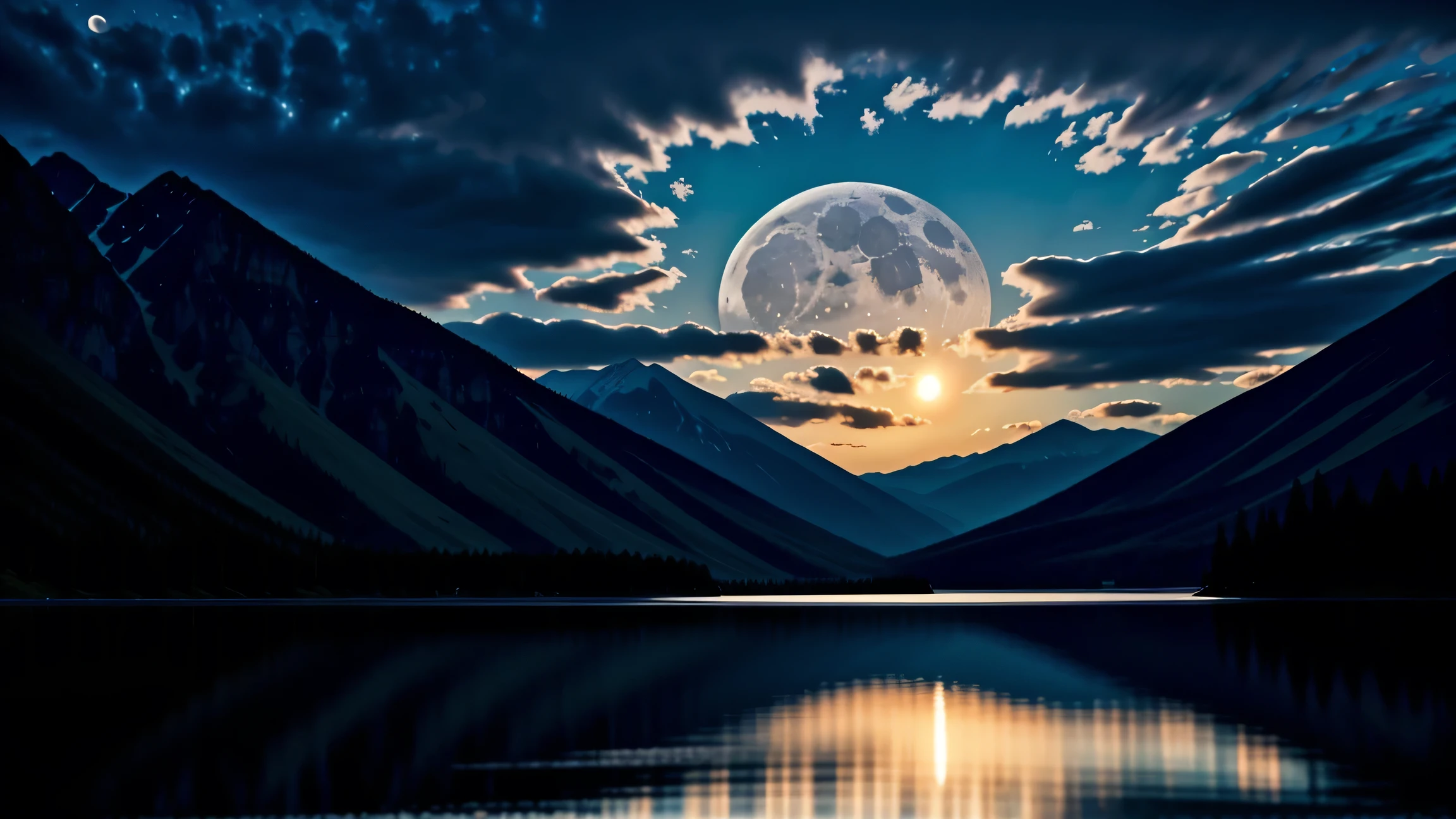 Scenic view of moon over mountains, reflecting on a tranquil lake surrounded by towering mountains