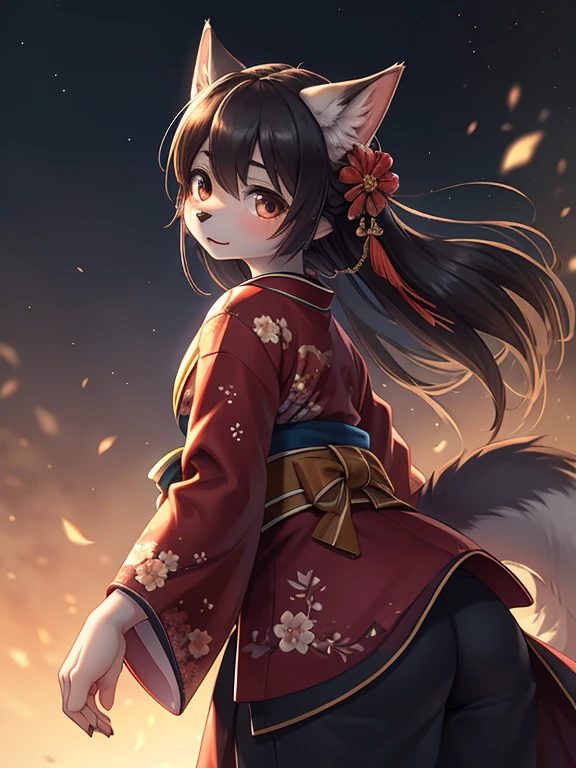 Unrealistic Perspective , dynamic angle , rule of thirds Layout , Bokeh  , dynamic fashion model action  , realistic hairy fur , round face , moist round eyes , Swollen cheeks , hair ties , Short stature , accidents , Happenings , sensational , beautiful, masterpiece, highest quality, Highly detailed face,  Perfect lighting, One girl, alone,  matoi ryuuko, kimono, kimono, short kimono,  Cowboy Shot , Dancing in the Wind , dance with realistic wolfs , realistic wolfs