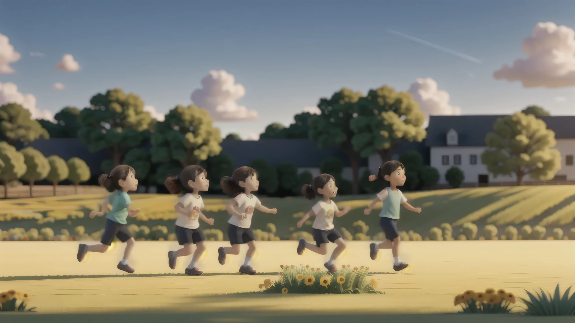 A joyful group of children running freely in a vast field, filled with laughter and excitement, multiple_girls, multiple_boys, running, flowers, grass, field