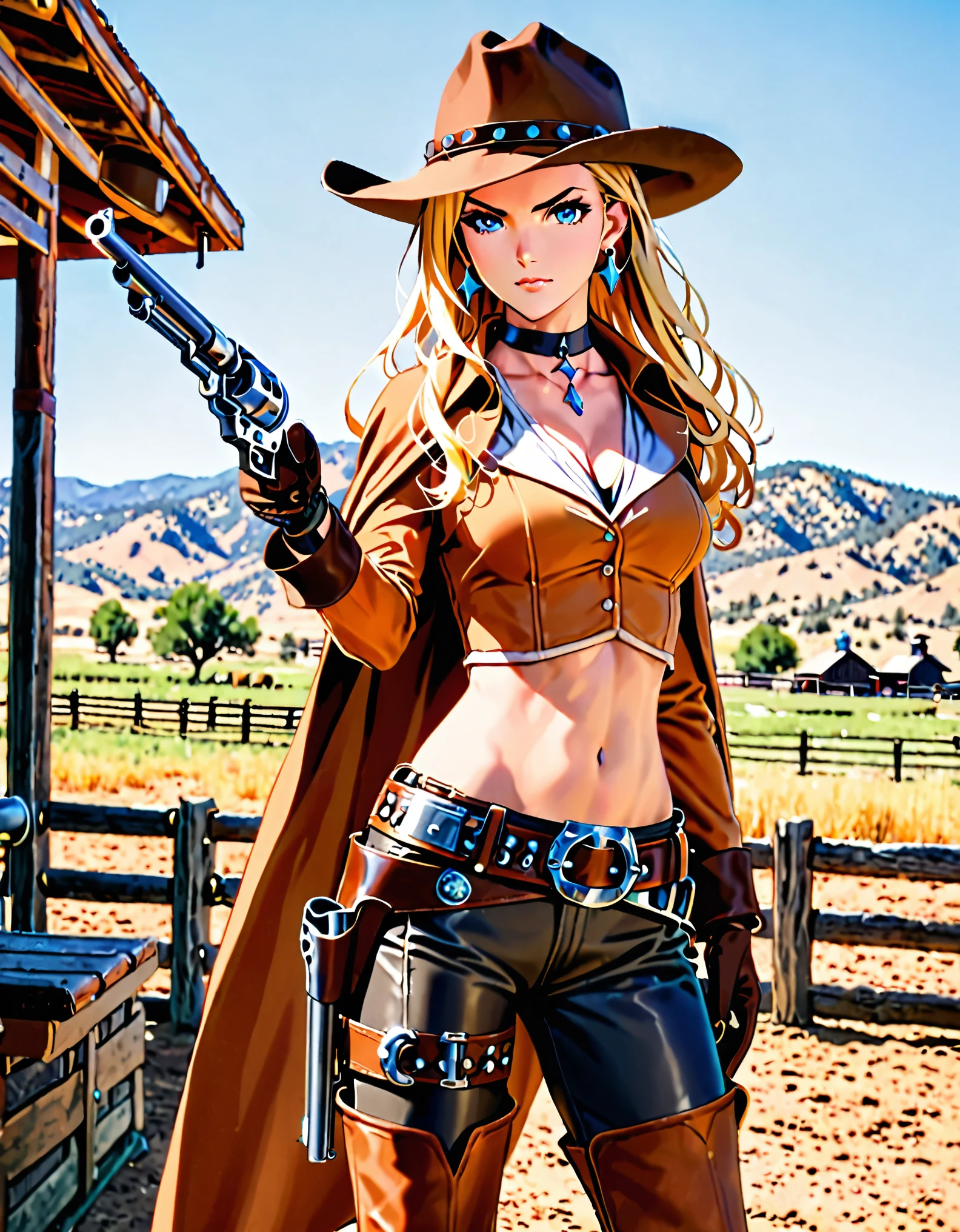 masterpiece, high quality, high res, 1girl, tall body, blonde hair, braid, blue eyes, boots, choker, earrings, gloves, perfect hands, (holding gun, colt revolver), jewelry, long hair, midriff, solo, standing, thigh boots, cowgirl, ranch backdrop, day, cowboy hat, serious, light brown costume