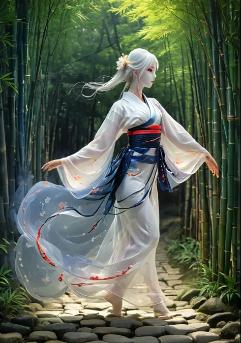 ancient shinto moon goddess, long silver hair, a long, gorgeous midnight blue and white kimono, (a smooth ceremonial half-mask o...