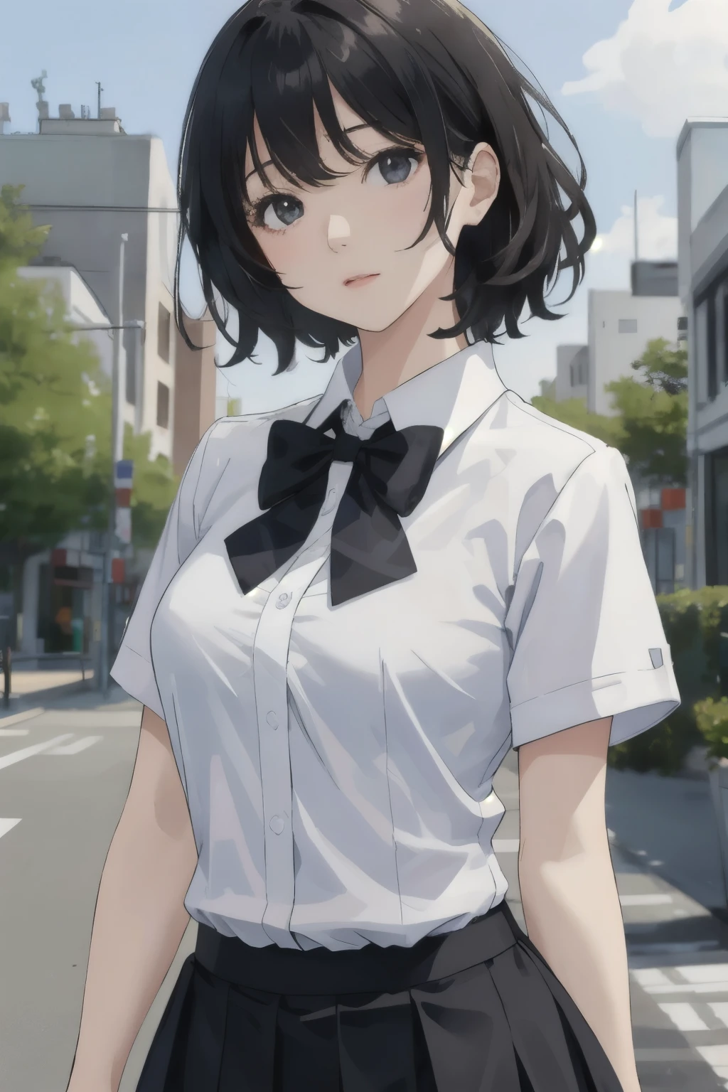 best quality, jk, 1girl, solo, looking at viewer, medium hair, black hair, breasts, closed mouth, white shirt, outdoors, lips, black skirt, black bowtie, upper body, 