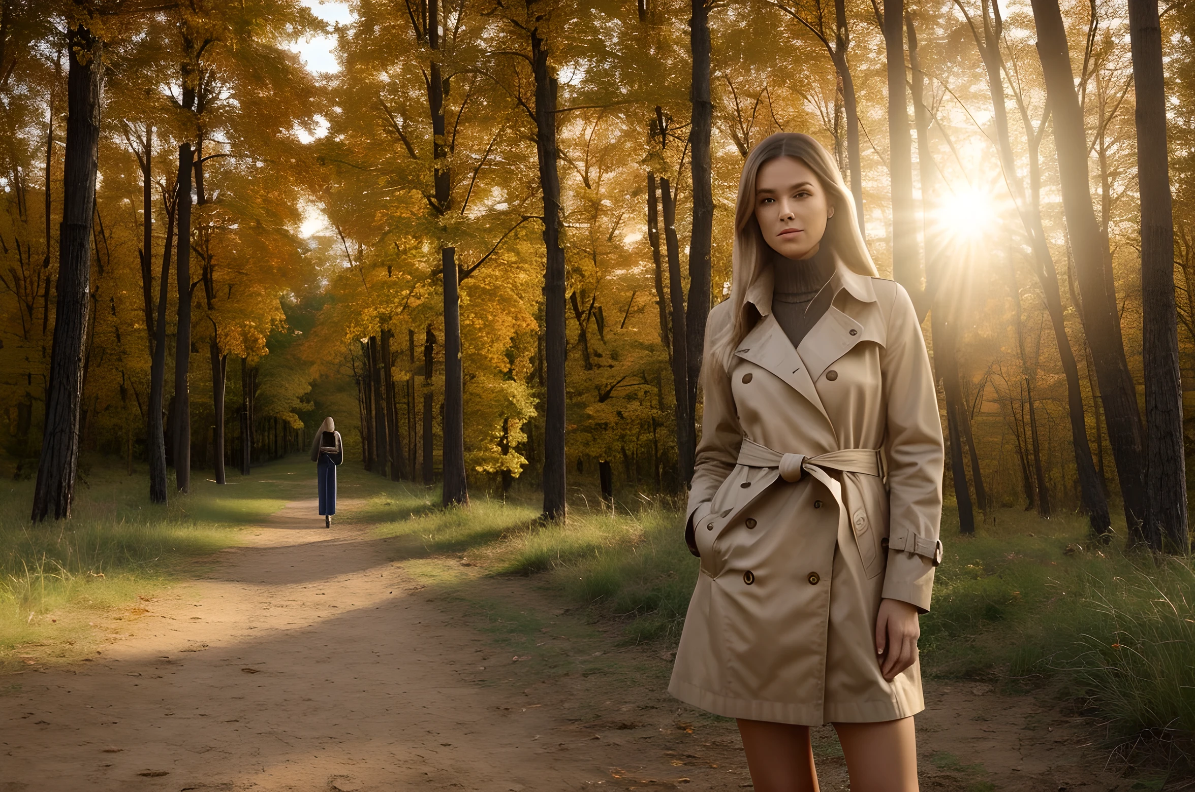 A girl with golden hair and blue eyes, wearing a stylish trench coat, is standing in front of a warm golden sunset. There is a small path behind her, surrounded by trees. The image should be of the highest quality, with a resolution of at least 4k, and have the artistic style of an oil painting.