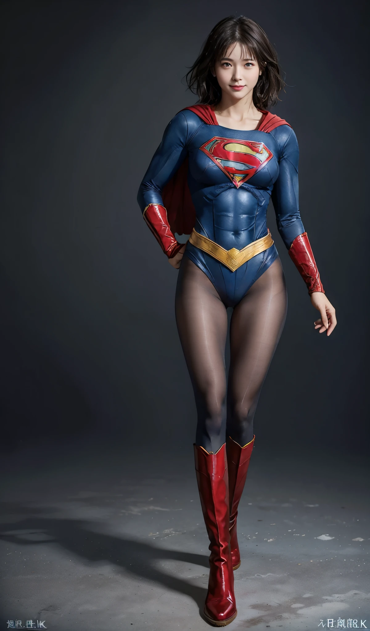 No background、(((Beautiful legs in black tights.)))、(((Legally express the beauty of your smile)))、((((Make the most of your original images)))、(((Body-fitting Supergirl costume)))、(((Supergirl Costume)))、(((Short beautiful hair)))、(((suffering)))、(((Please wear black tights....、Wear red boots)))、((Best image quality、8k))、((highest quality、8k、masterpiece:1.3))、(((Preserve background )))、Sharp focus:1.2、Beautiful woman with perfect figure:1.4、Slim Abs:1.2、Wet body:1.5、Highly detailed face and skin texture、8k