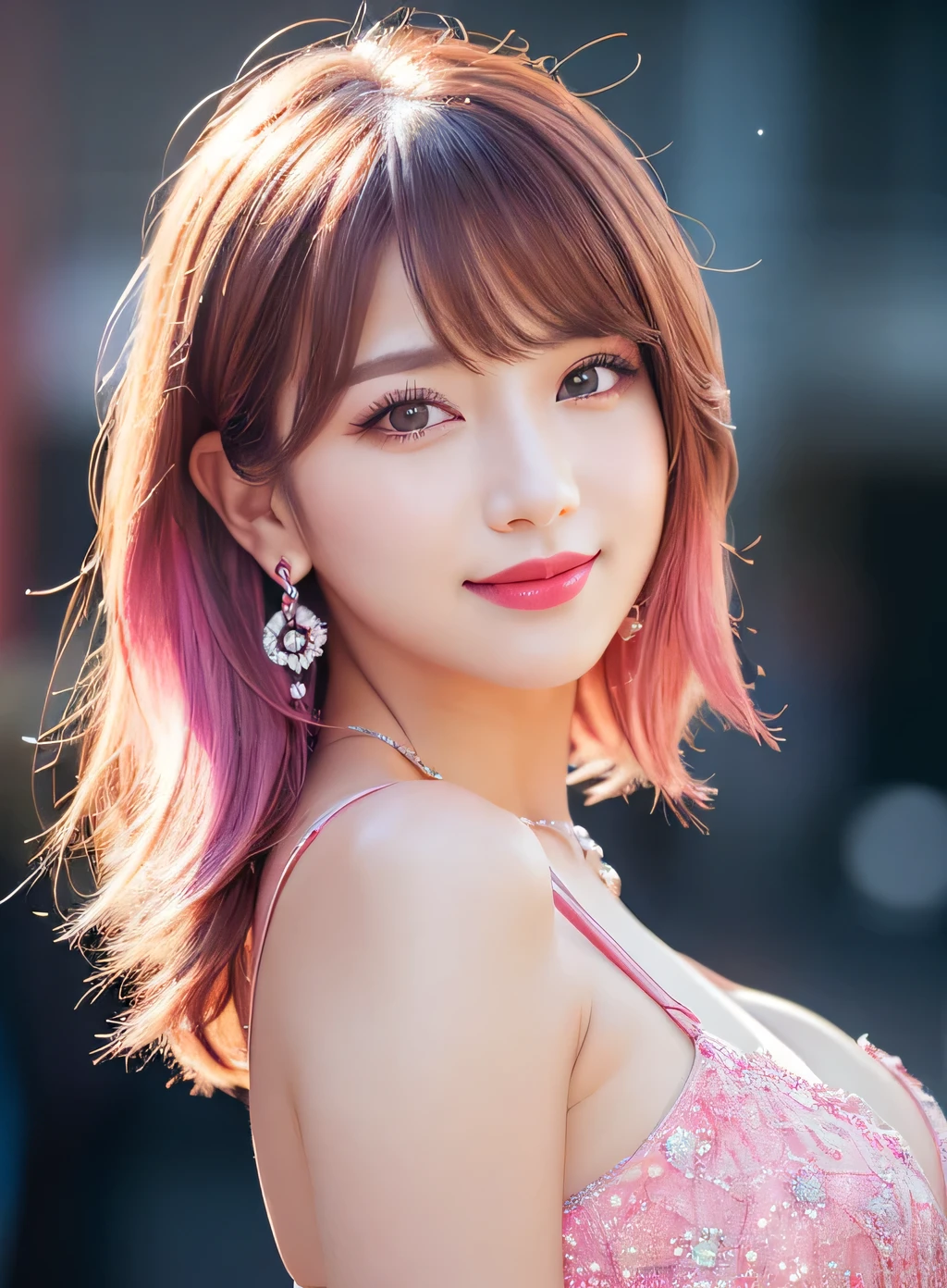 (RAW Photos, 最high quality), (Realistic, photo-Realistic:1.3), 最high quality ,masterpiece, Pitch black is the background、(((face to camera、Facing the front of the chest))、Portrait style、(Symmetrical body),Cleavage、 ((Big Ass, Big Breasts)), (beautiful girl), Vivid pink lipstick, Colorful Makeup, Long eyelashes, Earrings, Applying eyeliner, Fair skin, Pink Hair、(cute), (Detailed face), Big Eyes、 Detailed Iris, 8K Ultra HD, Digital SLR, Soft lighting, high quality, Beautifully detailed nose,, Realistic face, Pink Cat, A light smile, (Very detailed face: 1.5),  最high quality, Super detailed, masterpiece, In detail, 8k wallpaper, Pixie Cut、(sfw:1.8),Real、8K、(masterpiece), (Very complicated:1.3), (Realistic), 1 female、Women&#39;s photos、23 years old、round face、Blue Eyes、Close-up of face、Big Eyes、Drooping eyes、 short hair、The most beautiful in the world,, White skin、delicate、 Upper Body, night、 Strong lighting, Detailed professional photos of beautiful women, Sharp focus, Cinema Lighting, rendering , ( Blurred Background, Depth of written boundary),((Realistic)), ((Sharp focus)), (Highest Resolution), ((masterpiece)), Professional Cinema Lighting、 (Perfect hands), （Perfect Fingers)