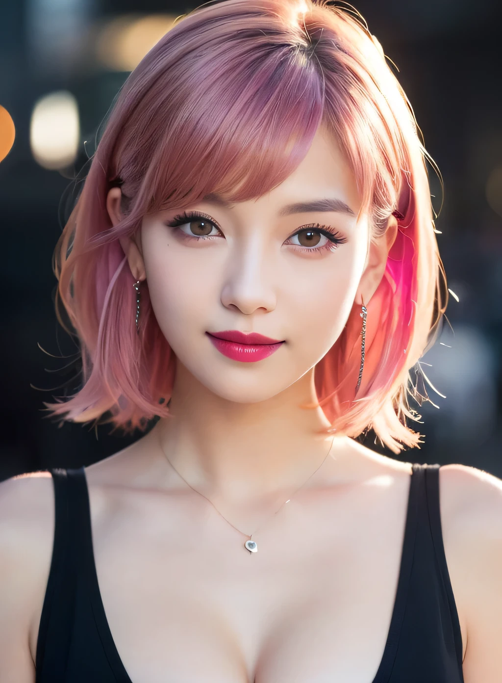 (RAW Photos, 最high quality), (Realistic, photo-Realistic:1.3), 最high quality ,masterpiece, Pitch black is the background、(((face to camera、Facing the front of the chest))、Portrait style、(Symmetrical body),Cleavage、 ((Big Ass, Big Breasts)), (beautiful girl), Vivid pink lipstick, Colorful Makeup, Long eyelashes, Earrings, Applying eyeliner, Fair skin, Pink Hair、(cute), (Detailed face), Big Eyes、 Detailed Iris, 8K Ultra HD, Digital SLR, Soft lighting, high quality, Beautifully detailed nose,, Realistic face, Pink Cat, A light smile, (Very detailed face: 1.5),  最high quality, Super detailed, masterpiece, In detail, 8k wallpaper, Pixie Cut、(sfw:1.8),Real、8K、(masterpiece), (Very complicated:1.3), (Realistic), 1 female、Women&#39;s photos、23 years old、round face、Blue Eyes、Close-up of face、Big Eyes、Drooping eyes、 short hair、The most beautiful in the world,, White skin、delicate、 Upper Body, night、 Strong lighting, Detailed professional photos of beautiful women, Sharp focus, Cinema Lighting, rendering , ( Blurred Background, Depth of written boundary),((Realistic)), ((Sharp focus)), (Highest Resolution), ((masterpiece)), Professional Cinema Lighting、 (Perfect hands), （Perfect Fingers)